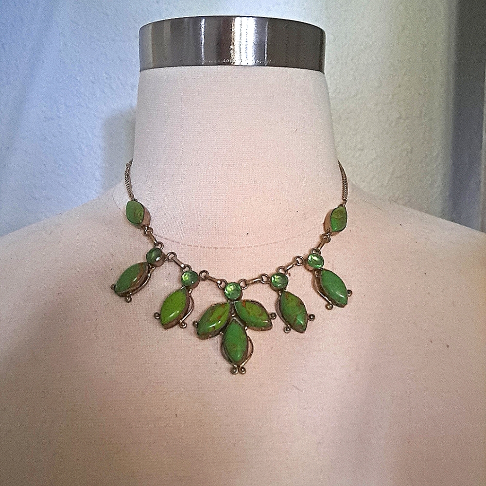 Stunning Peridot,Gaspeite, and Silver Statement Necklace